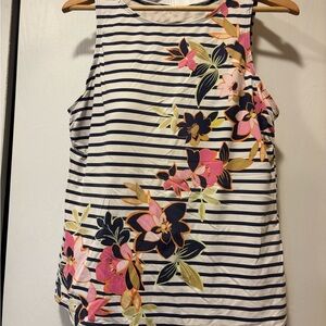 Lands' End Navy & White Striped swim top with Pink Floral Print